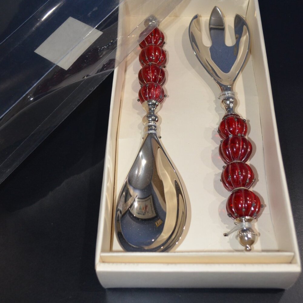 Nickel Plated Salad Server Set, Ornate Ruby Red Handles - New - Picture 6 of 9